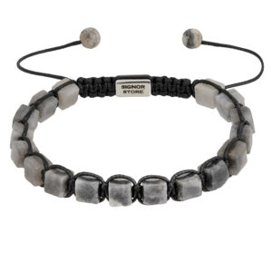 Bransoletka z kwadratowych kamieni na czarnym sznurku z napisem Signor Store.