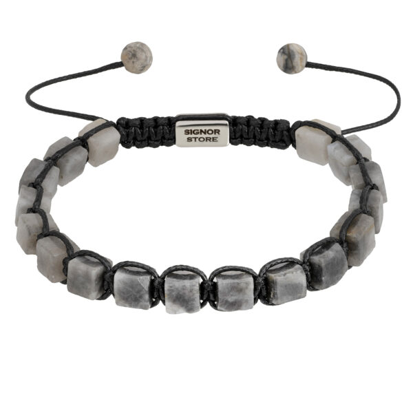 Bransoletka z kwadratowych kamieni na czarnym sznurku z napisem Signor Store.