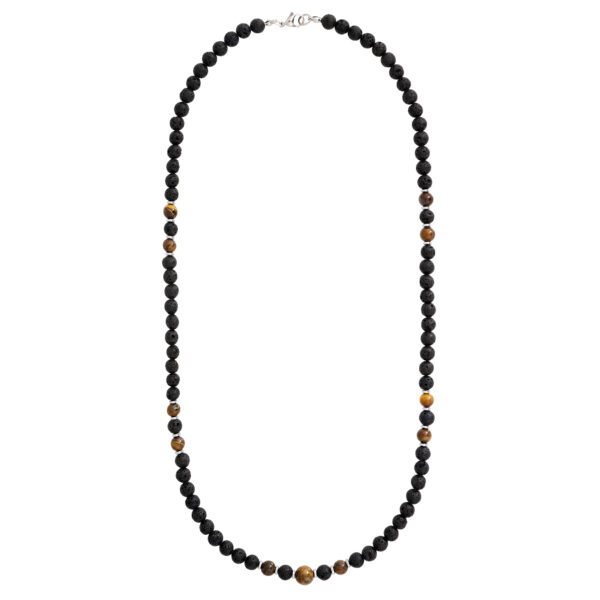 Naszyjnik z czarnych i brązowych koralików.