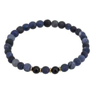 Bransoletka z niebieskimi koralikami i złotymi elementami.