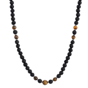 Naszyjnik z czarnych koralików z brązowymi akcentami.