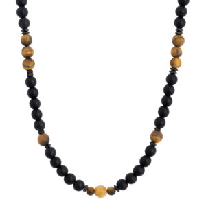 Naszyjnik z czarnymi i drewnianymi koralikami.