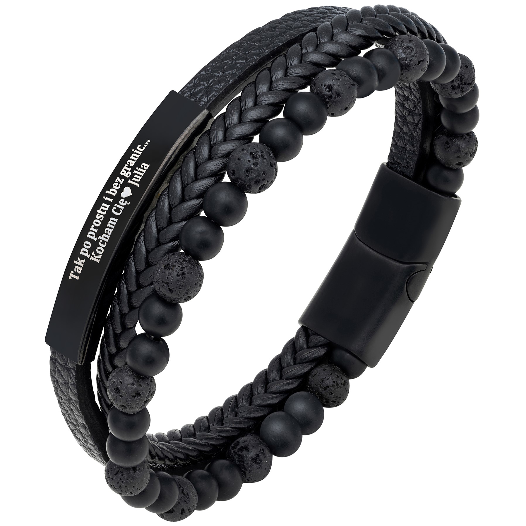 Czarna bransoleta z koralików i grawerem 'Tak po prostu i bez granic... Kocham Cię ❤️ Julia'.