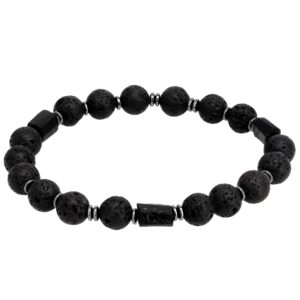 Czarna bransoletka z kulkami z lawy i prostokątnymi elementami.