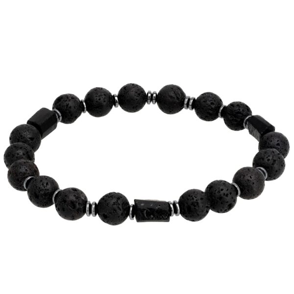 Czarna bransoletka z kulkami z lawy i prostokątnymi elementami.