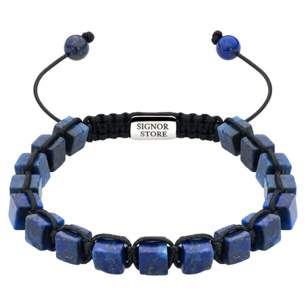 Bransoletka z niebieskimi koralikami i srebrnym zapięciem.