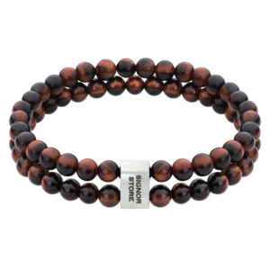Podwójna bransoletka z ciemnymi koralikami i srebrnym łącznikiem.