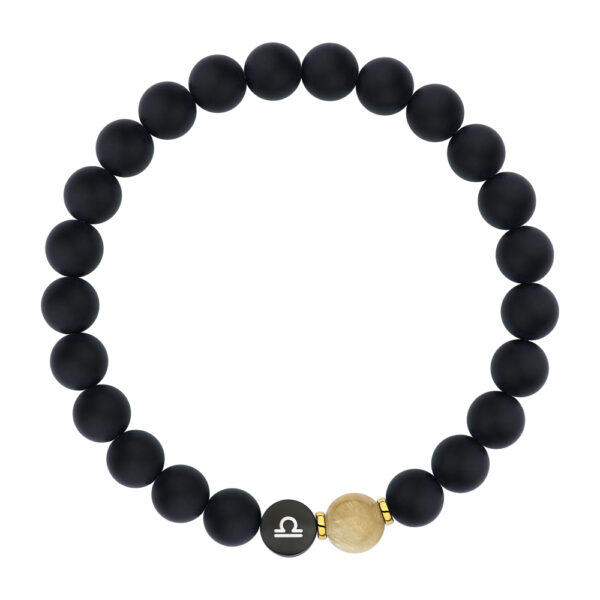 Czarna bransoletka z matowych koralików z symbolem Wagi i złotym koralikiem.
