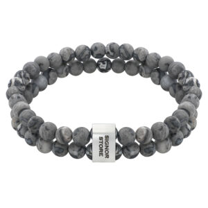 Bransoletka z szarych, marmurkowych koralików z metalowym zapięciem.