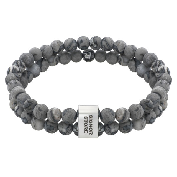 Bransoletka z szarych, marmurkowych koralików z metalowym zapięciem.