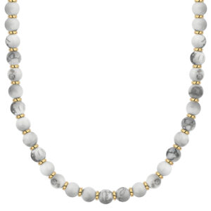 Naszyjnik z białymi kamieniami i złotymi elementami.