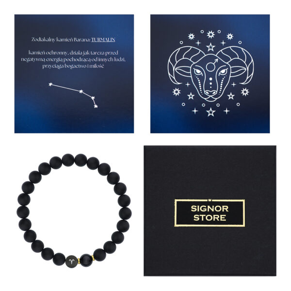 Bransoletka z kamieniami turmalinu z symbolem Barana i opakowanie Signor Store.