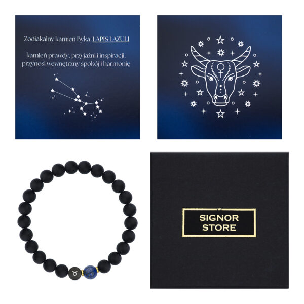 Bransoletka z kamieniami lapis lazuli i czarnymi kulkami, wraz z opakowaniem i grafiką Byka dla Signor Store.