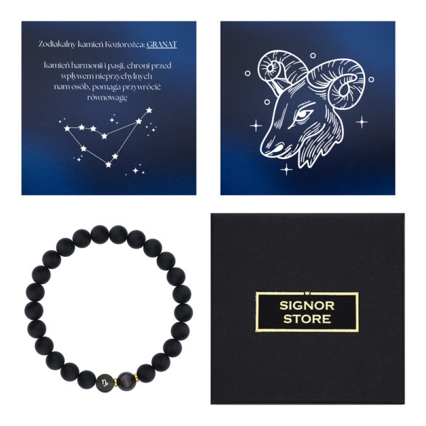 Zestaw związany z astrologią: grafiki z konstelacją koźloroga, rysunek koziorożca, czarna bransoletka i opakowanie Signor Store.