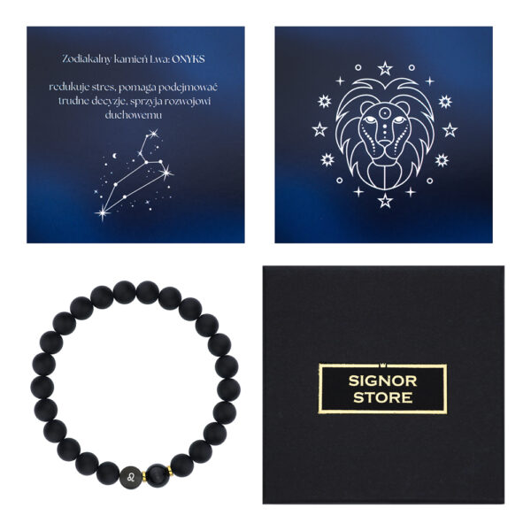 Zestaw z bransoletką z onyksu, grafiką lwa i konstelacji, oraz pudełkiem Signor Store.