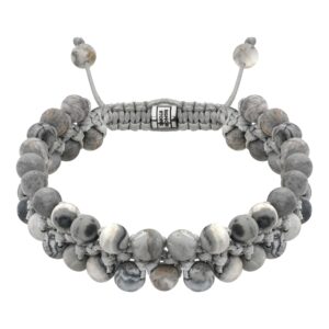 Bransoletka z szarych koralików z plecionym sznurkiem.