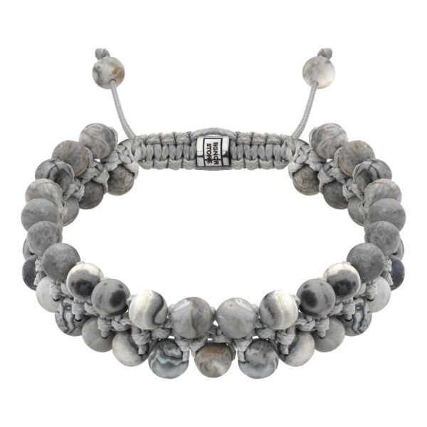 Bransoletka z szarych koralików z plecionym sznurkiem.