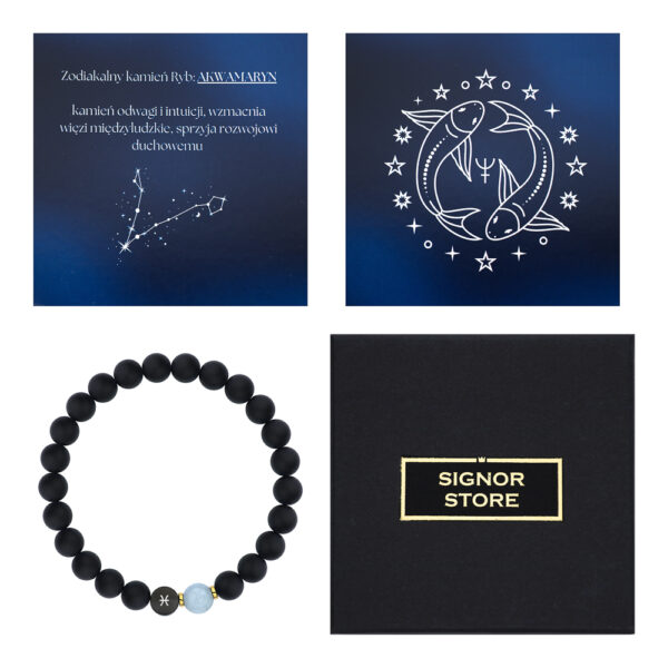 Bransoletka z kamieniem akwamaryn i symbolem znaku zodiaku Ryb, zestaw w pudełku Signor Store.