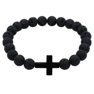 Bransoletka z czarnymi kulkami i krzyżykiem.