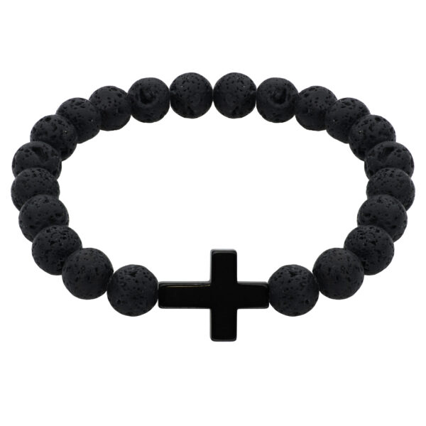Bransoletka z czarnymi kulkami i krzyżykiem.