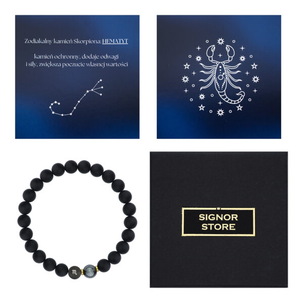 Bransoletka z hematytem i zodiakalnym symbolem Skorpiona, opakowanie Signor Store.