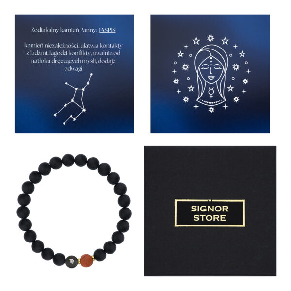 Bransoletka z czarnymi koralikami i brązowym kamieniem na tle zodiakalnym Panny.