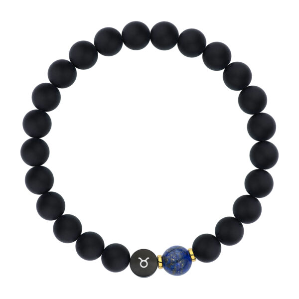 Bransoletka z czarnymi koralikami i niebieskim akcentem oraz symbolem astrologicznym.