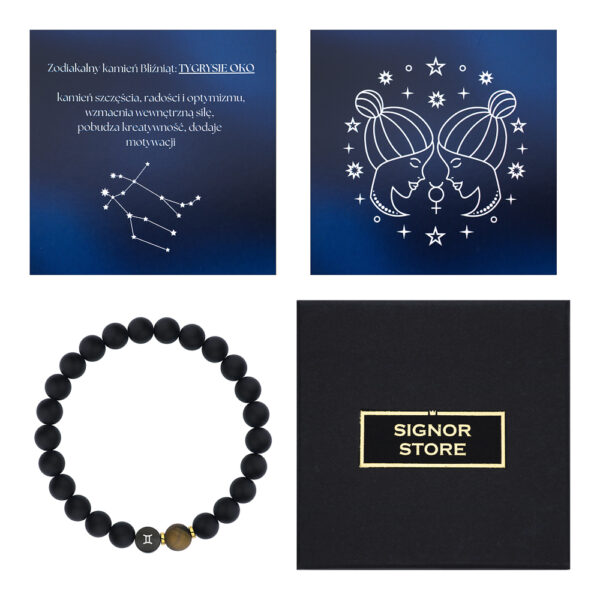 Biżuteria zodiakalna Bliźniąt z kamieniem Tygrysie Oko, kartka z gwiazdozbiorem, obrazek przedstawiający symbol zodiaku Bliźniąt oraz pudełko Signor Store.