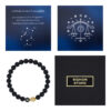 Bransoletka z czarnymi kulkami i kamieniem cytrynu, kartka z opisem zodiaku Wagi i logo Signor Store.
