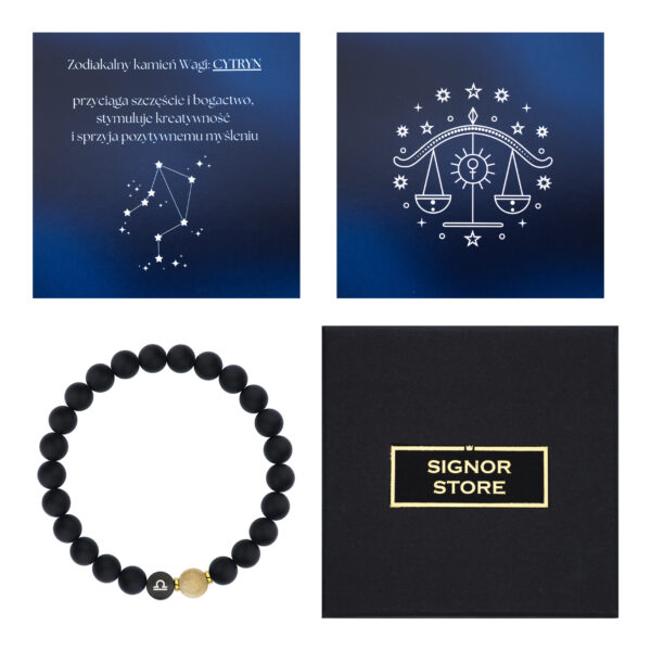 Bransoletka z czarnymi kulkami i kamieniem cytrynu, kartka z opisem zodiaku Wagi i logo Signor Store.
