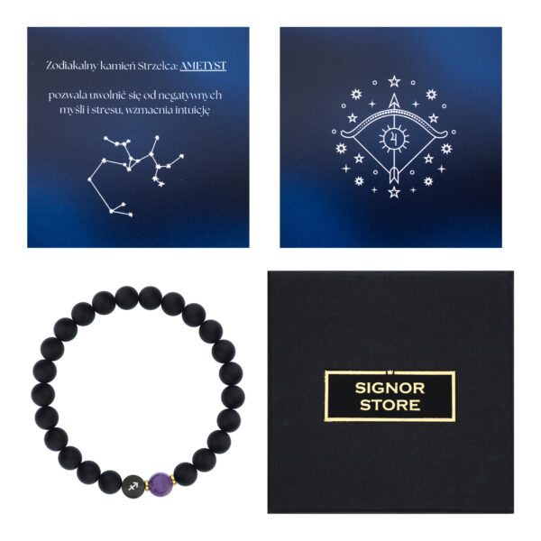 Zestaw prezentowy z bransoletką z ametystem i pudełkiem z logo Signor Store; opis właściwości amuletu zodiakalnego dla Strzelca.