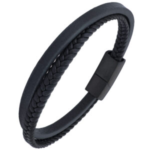 Czarna, skórzana bransoleta z plecionką.