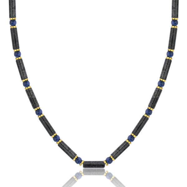 Naszyjnik z ciemnoszarymi kamieniami i niebieskimi koralikami
