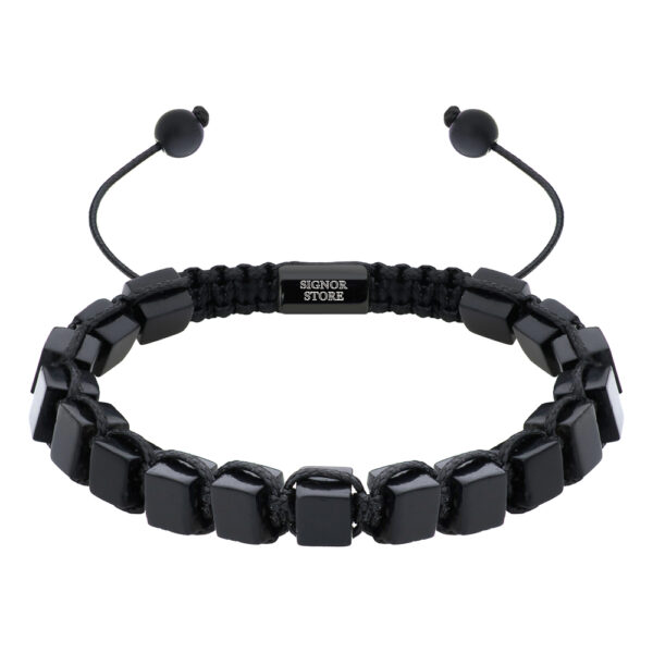 Czarna bransoletka z prostokątnymi koralikami i regulowanym sznurkiem.