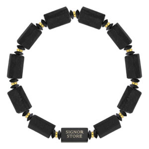 Bransoletka z czarnymi prostokątnymi koralikami i złotymi akcentami.