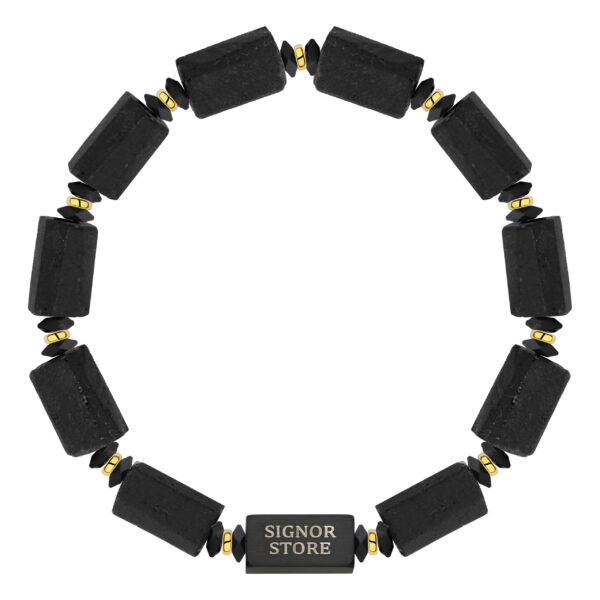 Bransoletka z czarnymi prostokątnymi koralikami i złotymi akcentami.