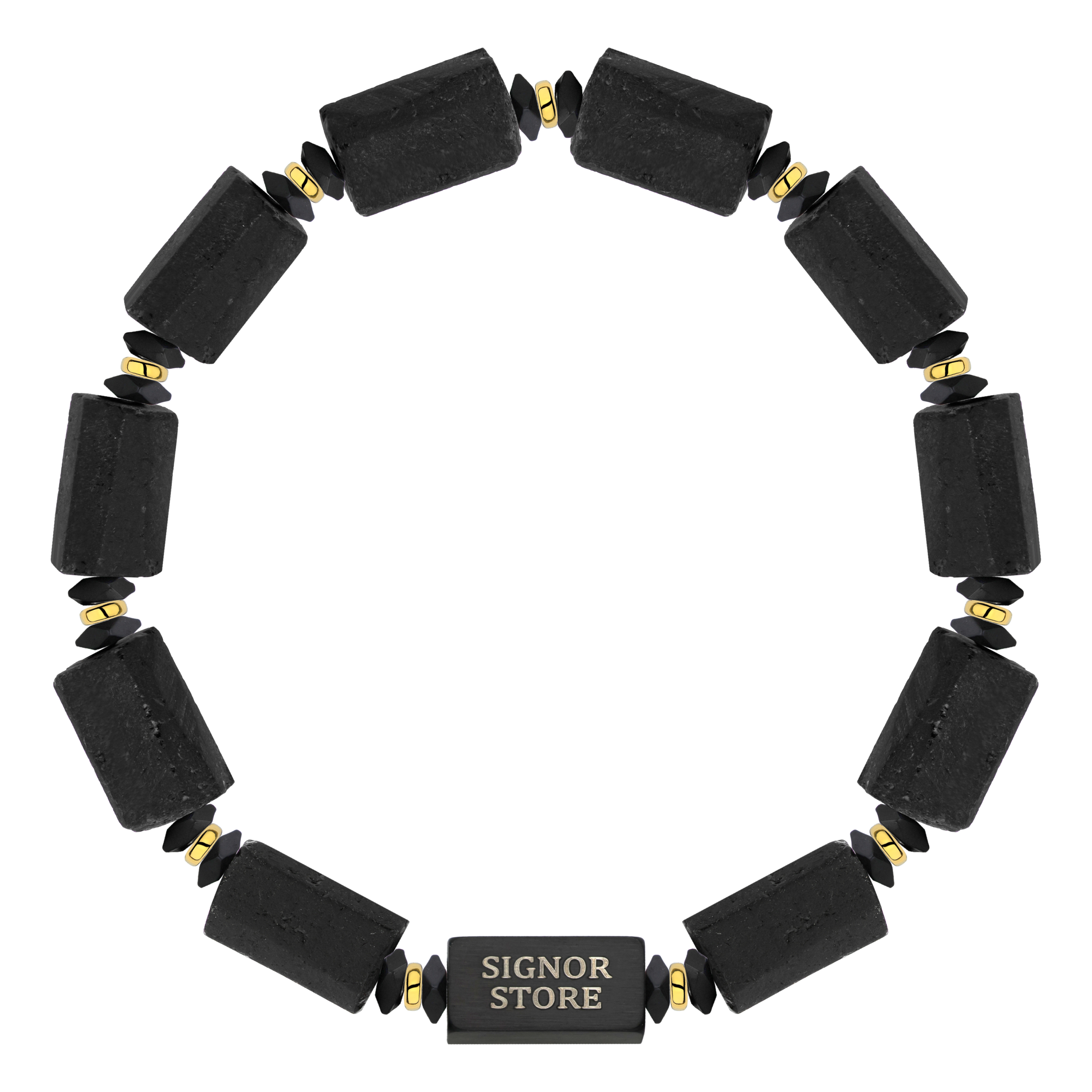 Bransoletka z czarnymi prostokątnymi koralikami i złotymi akcentami.