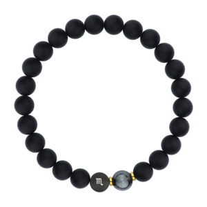 Czarna bransoletka z symbolem Skorpiona i złotymi akcentami.