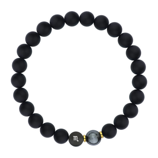 Czarna bransoletka z symbolem Skorpiona i złotymi akcentami.