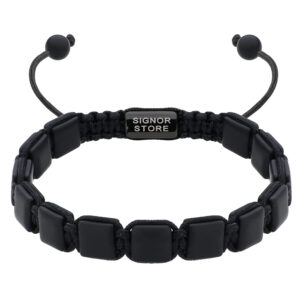 Czarna bransoletka z prostokątnymi elementami i regulowanym sznurkiem.