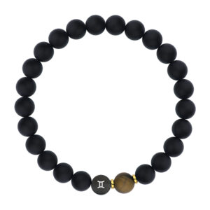 Bransoletka z czarnych koralików z ozdobnym elementem prezentującym znak Bliźniąt i złote akcenty.