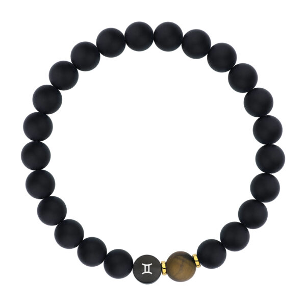 Bransoletka z czarnych koralików z ozdobnym elementem prezentującym znak Bliźniąt i złote akcenty.