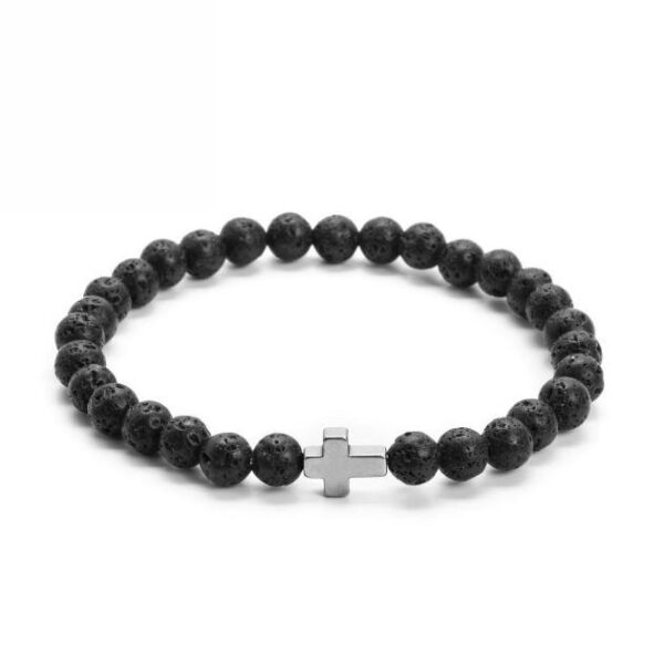 Bransoletka z czarnymi koralikami i metalowym krzyżykiem