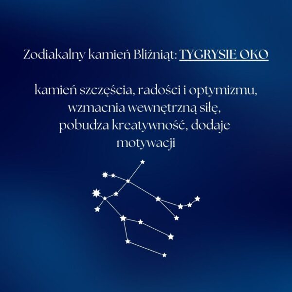 Grafika przedstawiająca opis tygrysiego oka jako kamienia zodiakalnego Bliźniąt, który dodaje szczęścia, radości i motywacji oraz wzmacnia wewnętrzną siłę.