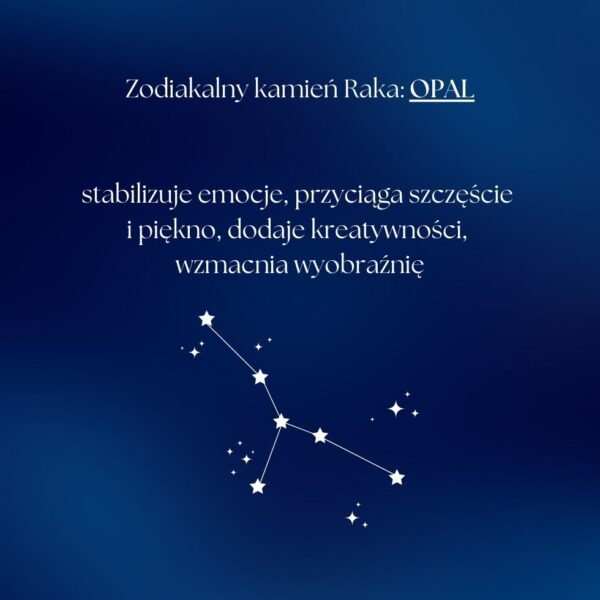 Tekst o opalu, kamieniu zodiakalnym Raka, stabilizującym emocje i wzmacniającym wyobraźnię, na granatowym tle z gwiazdami.