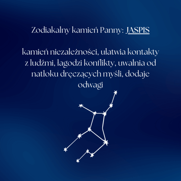 Ilustracja zodiakalnego kamienia Panny: Jaspis, z jego pozytywnymi właściwościami oraz rysunkiem konstelacji.