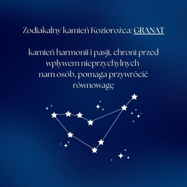 Grafika przedstawiająca tekst o zodiakalnym kamieniu Koziorożca, granacie, jako kamieniu harmonii i pasji.