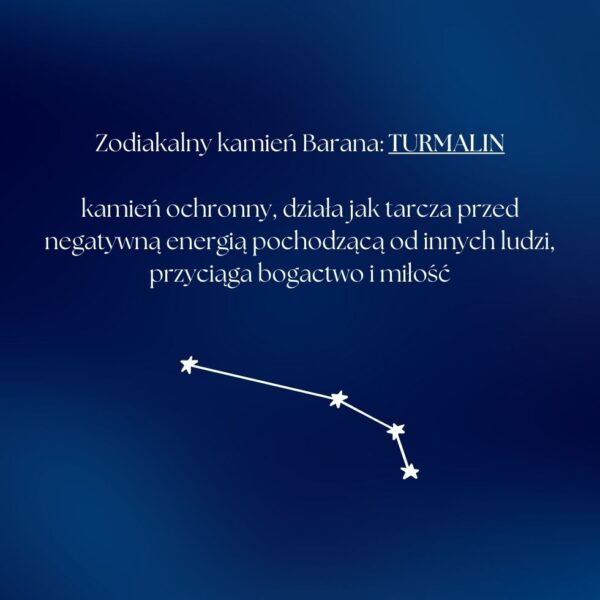 Grafika przedstawia tekst o zodiakalnym kamieniu Barana, którym jest turmalin, oraz prosty rysunek konstelacji.