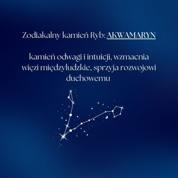 Grafika z opisem, że zodiakalnym kamieniem Ryb jest akwamaryn, który wspiera odwagę, intuicję i rozwój duchowy.