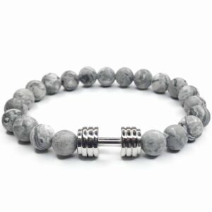 Szary bransoletka z marmurowymi kulkami i metalowym hantlem.